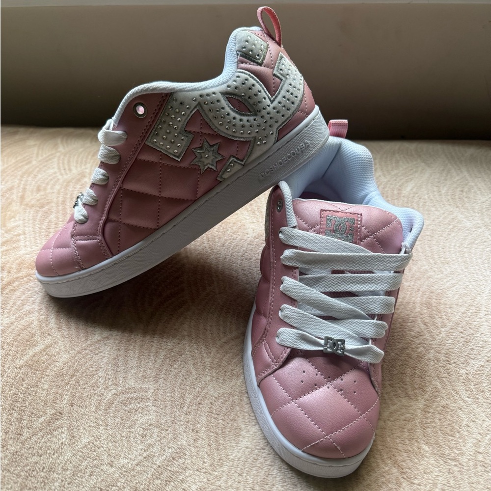 DC Pink Quilted Sneakers with White and Silver Details